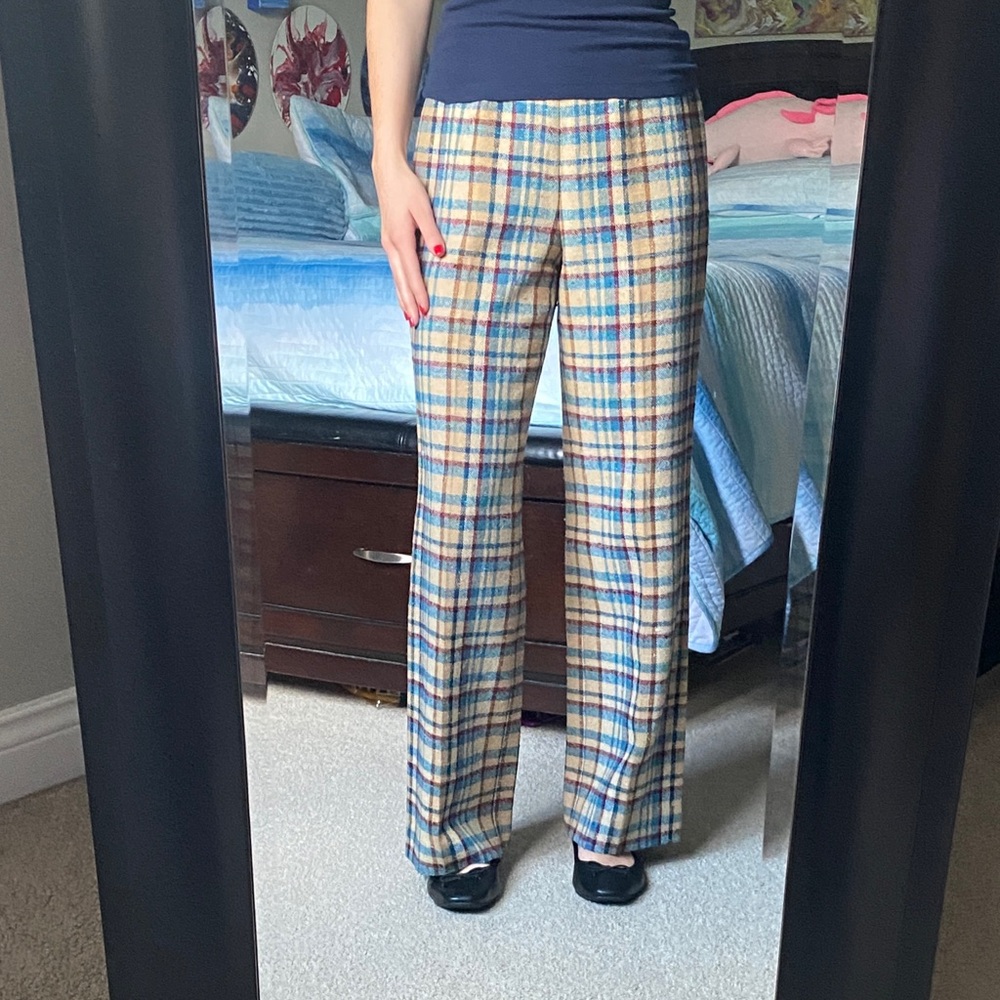 Vintage Pendleton Rare 100% Virgin Wool Checked Wide Leg Pants in Blue & Tan - Picture 8 of 10